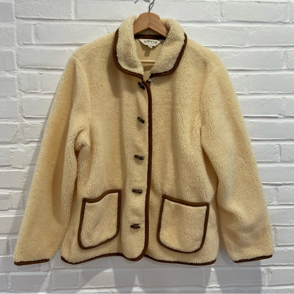Vintage ORVIS Ivory Sherpa Fleece Toggle Jacket w/ Brown Piping women size L